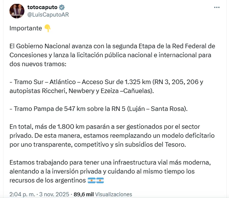 Caputoluis tuit privatizaciones rutasnacionales 3noviembre2025